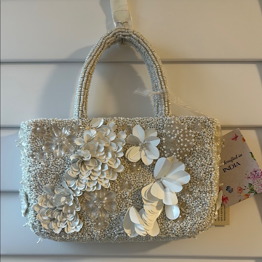 Viral Beaded Made in India White Floral Crossbody and Handbag